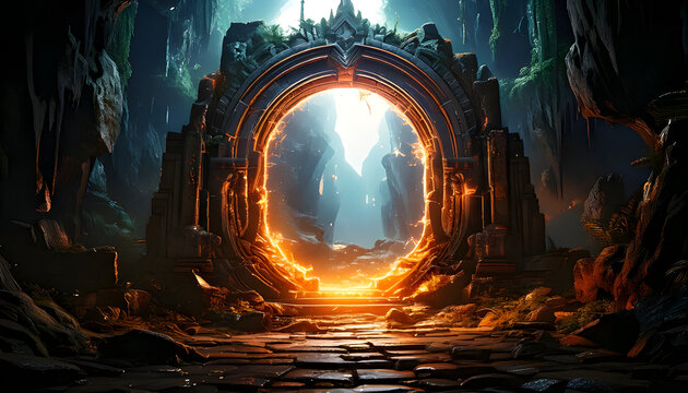 A landscape with a glowing arched door to another dimension