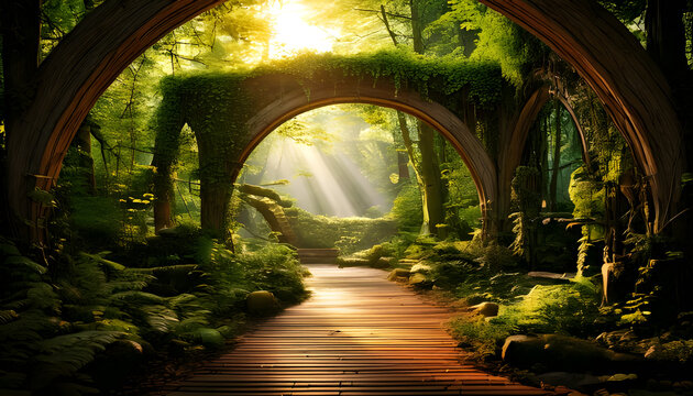 Forest landscape in the morning sun with arch tunnel