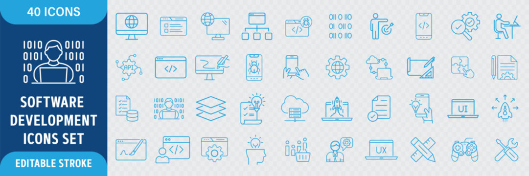 Software Development Line Icon Set. Programming, Coding, Web and App Development, IT, Technology, Debugging and Engineering Icons. Editable Outline Stroke. Vector