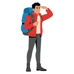 Vector illustration of man with backpack pointing finger ideal for hiking adventures camping travel backpacking expedition and outdoor exploration themes © Nass Studio