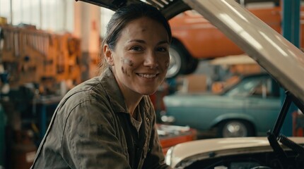 Female mechanic with brown hair, wearing a gray jumpsuit, smiles while working on a car engine in a busy garage filled with tools and vintage vehicles, showcasing automotive expertise