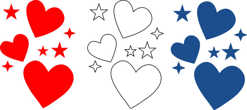 red blue and black heart and star shapes on white background for graphic design