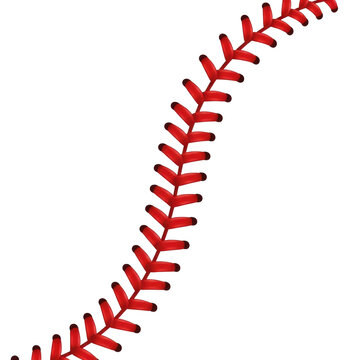 A single perfectly straight line of raised, vibrant red baseball stitching in a classic v-pattern, isolated on white. Concept of minimalist sports branding