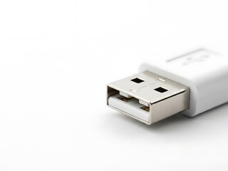USB connector on a white background viewed from a close-up perspective