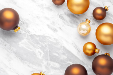 Luxury christmas bauble decoration on marble table background, top view
