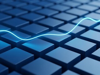 Abstract 3D background with a glowing blue sine wave line moving over a grid of raised cubes, representing data flow and network.