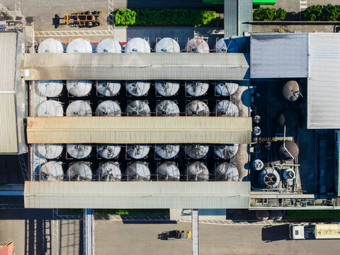 Aerial Top View Chemical Fiber Factory Large Storage Tanks Indus