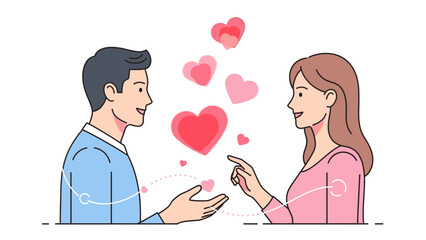 Couple in love, hearts floating between man and woman, romance concept, vector illustration