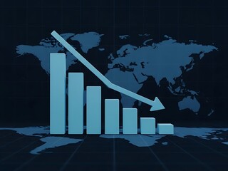 3D bar chart showing a downward financial trend on a dark world map background, symbolizing global economic recession or decline.