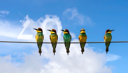 Colorful birds perched on a wire against a blue sky with faint numerals