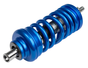 Blue Rear Shock Absorber for Motorcycle, Angled Three-Quarter View, Isolated on Transparent Background (2)
