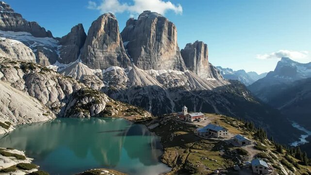 Breathtaking aerial view of a pristine turquoise alpine lake and mountain huts in the italian dolomites with epic mountain peaks