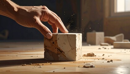 Hand places a stone cube, dust motes float, other cubes scattered