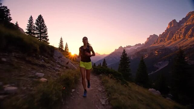 Woman trail running on a mountain path during a vibrant sunset with stunning peaks