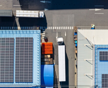 Aerial View of Solar Powered Warehouse Loading Docks