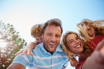 Selfie, portrait and smile with family outdoor for bonding, connection and memory. Happy, love and...