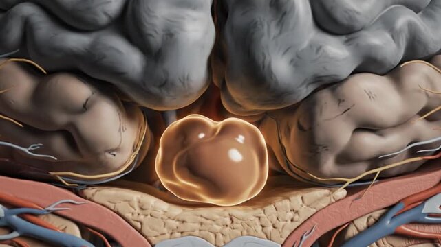 Anatomical cross-section of a human skull showing the brain and pituitary gland in detail with medical 3d rendering