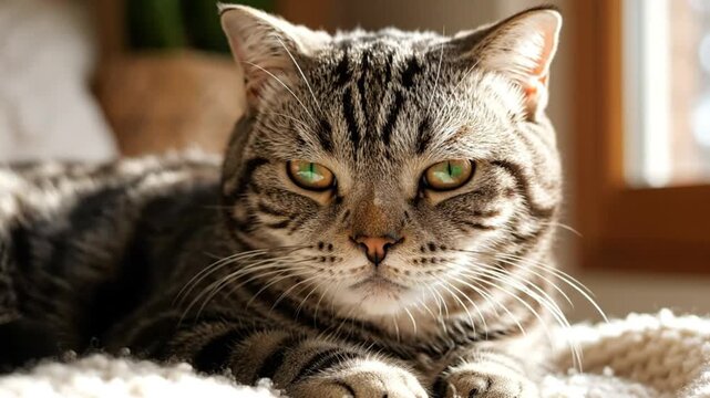 Close up view of a grumpy tabby cat with green eyes staring directly at the camera, relaxing in sunlight