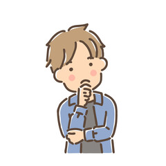 首をかしげて考え事をしている若い男性／単品