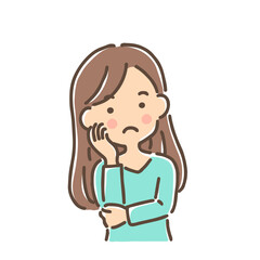 首をかしげて考え事をしている若い女性／単品