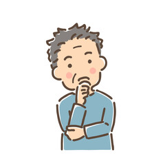 首をかしげて考え事をしている中年男性／単品