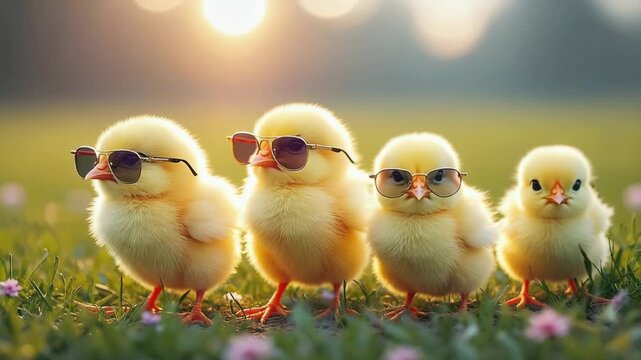 Four cute yellow chicks wearing sunglasses standing in green grass at sunrise