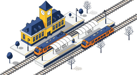 Isometric train station illustration, modern railway platform building with trains tracks for transportation urban infrastructure design vector © VectoBloom