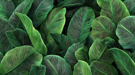 Closeup tropical green leaf background, flat lay fresh foliage texture, natural botanical wallpaper banner with copy space