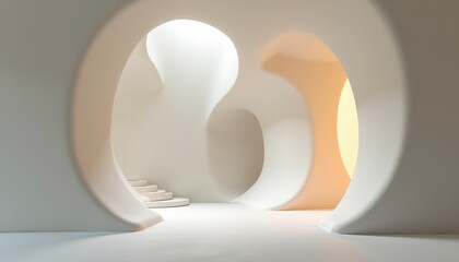 Modern Interior Design With Abstract Sculptural Forms And Soft Ambient Lighting Creating An Open Inviting Space With Smooth Curves And Warm Tones