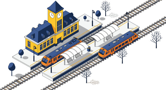 Isometric train station illustration, modern railway platform building with trains tracks for transportation urban infrastructure design vector