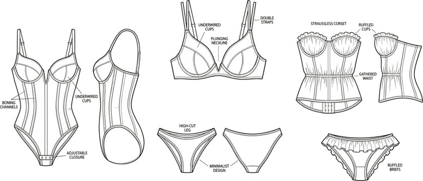 Lingerie technical flat drawing set, women corset bra and briefs, fashion CAD illustration, apparel construction blueprint, vector line art