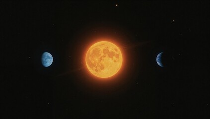 The sun and two planets in a row in outer space with stars
