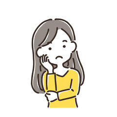 考え事をして首をかしげている若い女性／シンプルカラー／単品