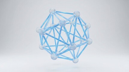 Abstract 3D rendering of a complex molecular structure with interconnected nodes and lines on a light background.