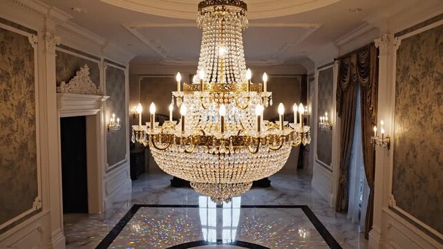 Luxurious grand hall with large crystal chandelier, marble floor, elegant interior.