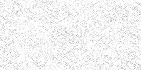 Seamless geometric labyrinth pattern on a white fabric and paper texture surface featuring gray square lines for a modern vector wallpaper design backdrop