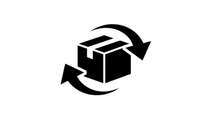 Black and white graphic illustration of a cardboard box with two curved arrows forming a circular motion around it symbolizing recycling reuse and return