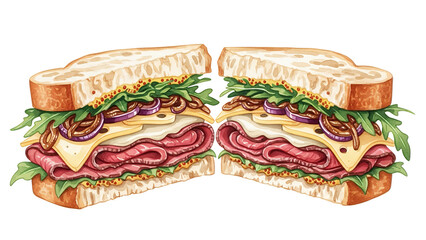 A detailed illustration of a cut sandwich with meat, cheese, and vegetables on white bread, viewed from the side.