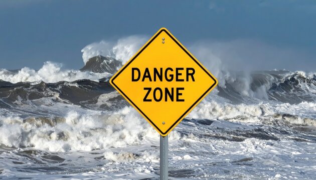 Warning of Nature's Fury: A vivid image that captures the raw power of nature, with a prominent 'Danger Zone' sign as a stark reminder of potential hazards amidst the crashing waves.