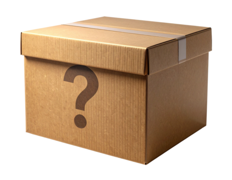Brown Cardboard Mystery Box with Question Mark, Front View, Isolated on Transparent Background (2) - Powered by Adobe