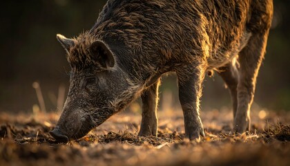 Wild boar foraging in golden light