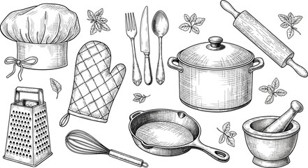 Vintage kitchen utensils hand drawn illustration set, chef cookware tools pot pan cutlery sketch style vector design elements