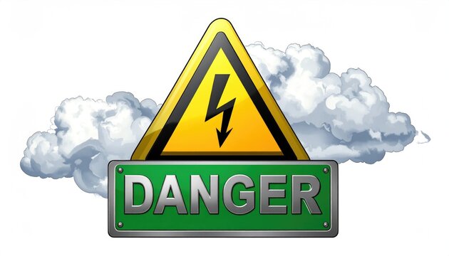 Electrical Hazard Alert: A stark warning sign, emblazoned with a lightning bolt, emerges from a bed of clouds.