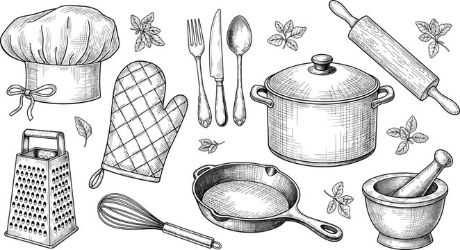 Vintage kitchen utensils hand drawn illustration set, chef cookware tools pot pan cutlery sketch style vector design elements