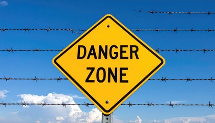 Danger Zone Sign: A yellow diamond-shaped sign with the bold words Danger Zone stands prominently against a vivid blue sky, complemented by a stark barbed wire barrier. It's a clear symbol of caution.