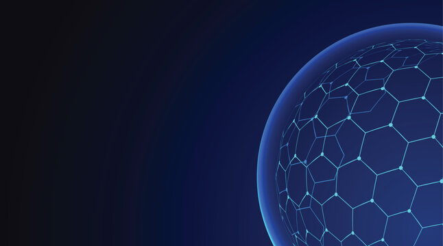 Abstract Blue Honeycomb Technology Background With Futuristic Digital Network Sphere Design