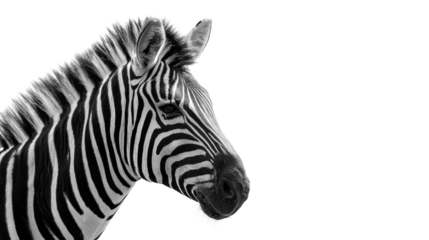 Zebra headshot with distinctive black and white stripes, facing right and isolated on transparent background