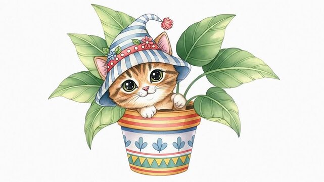 Whimsical orange cat in a striped pot peeking from lush green leaves illustration.