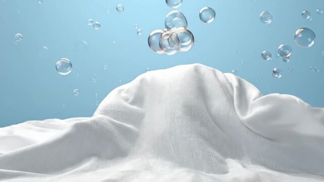 Clean white fabric with water bubbles, fresh and pure, laundry concept.