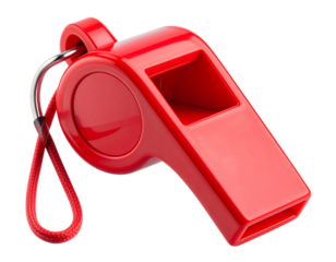 Red Plastic Referee Whistle with Lanyard, Front View, Sport Authority Symbol, Isolated